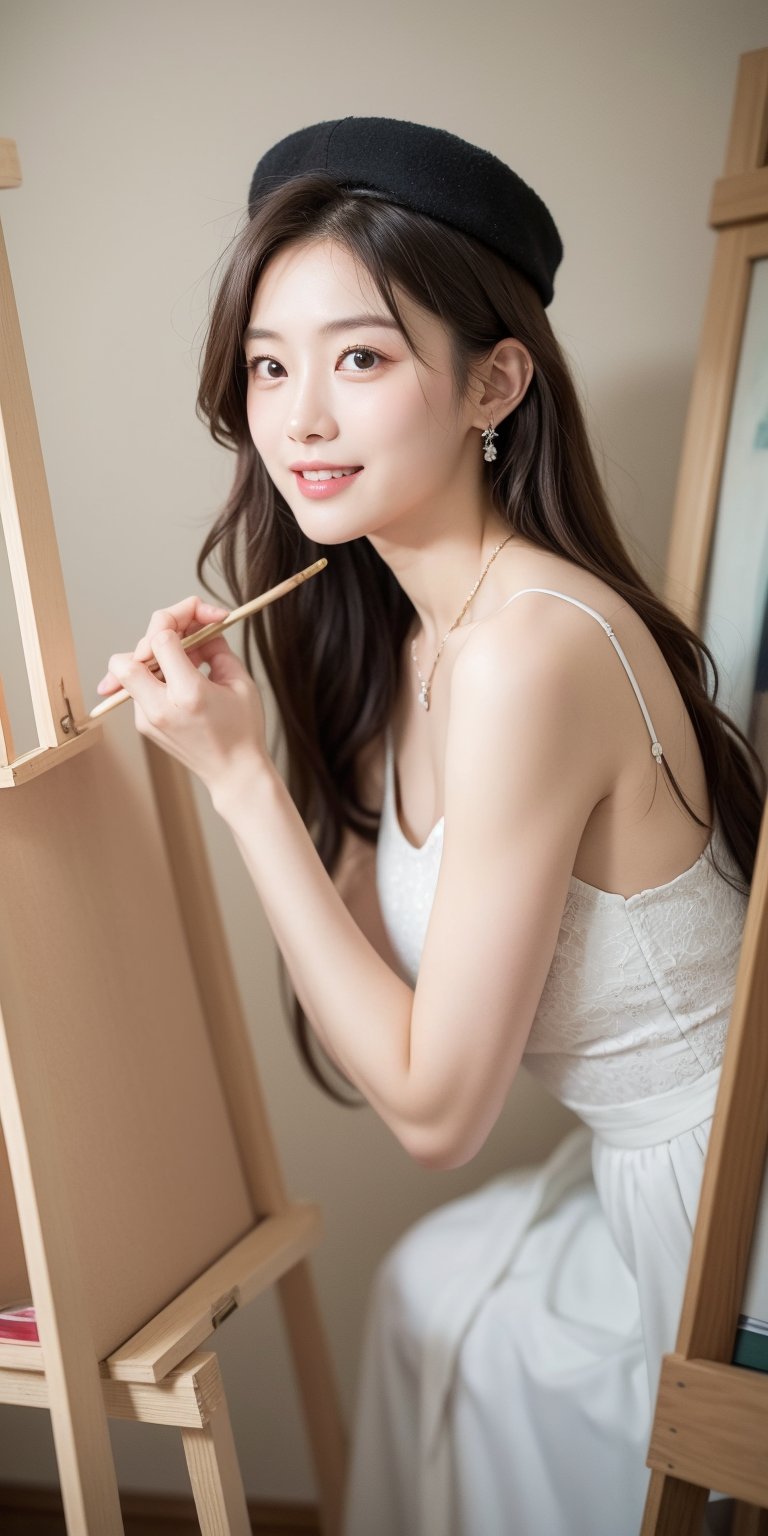 background is glassland,horizon,forest,easel,
18 yo, 1 girl, beautiful korean girl,sit on glassland, making a picture,painting,sit aside easel,holding a palette left hand,painting brush right hand,
happy smile,wearing lovely dress(princess),women hat(small),
solo, {beautiful and detailed eyes}, dark eyes, calm expression, delicate facial features, ((model pose)), Glamor body type, (dark hair:1.2),
simple tiny necklace,simple tiny earrings, flim grain, realhands, masterpiece, Best Quality, 16k, photorealistic, ultra-detailed, finely detailed, high resolution, perfect dynamic composition, beautiful detailed eyes, eye smile, ((nervous and embarrassed)), sharp-focus, full_body, cowboy_shot,,Korean,Japanese,perfect light