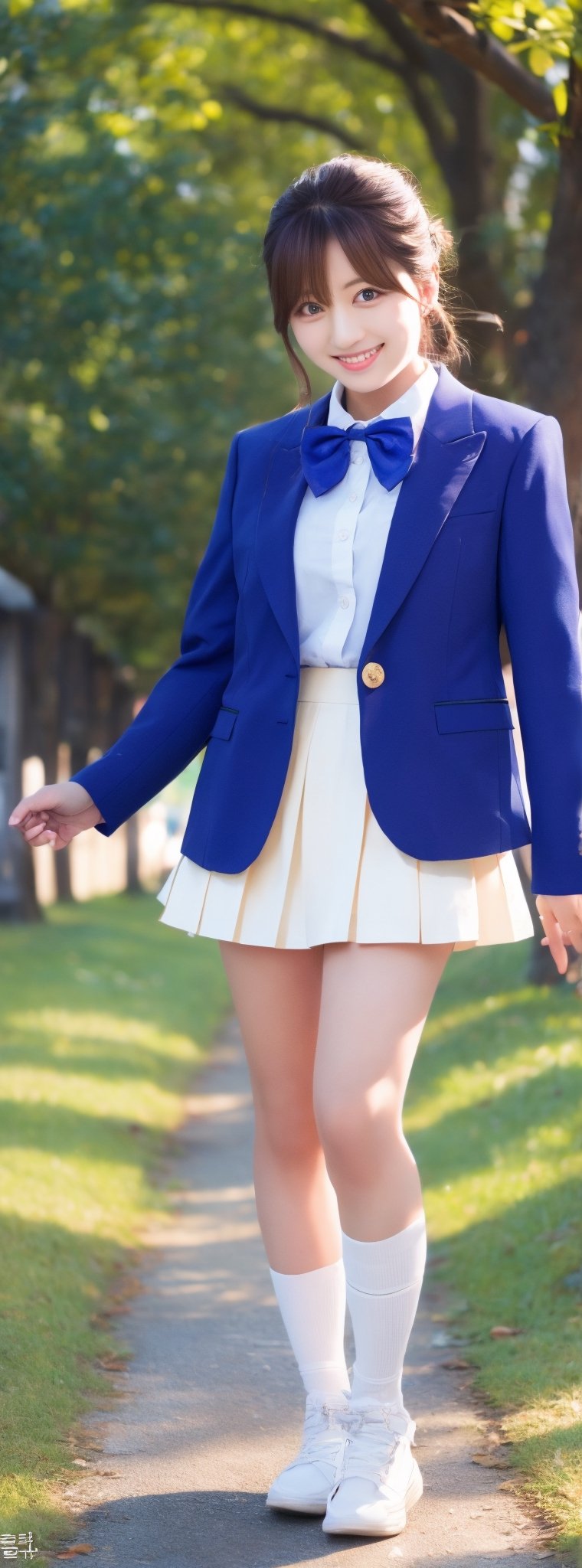 masterpiece, best quality, highres, 1girl, solo, long hair, blonde hair, hair ribbon, bangs, blue eyes, blue bowtie, collared shirt, blazer, red jacket, long sleeves, pleated skirt, white skirt, standing, cowboy shot, outdoors, smile, idol,korean ,beauty,pretty girl,Beauty