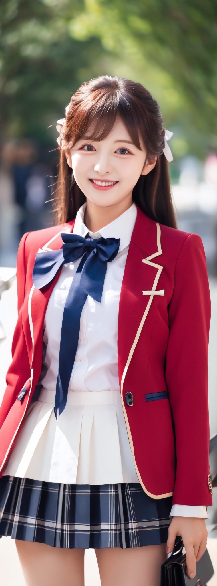 masterpiece, best quality, highres, 1girl, solo, long hair, blonde hair, hair ribbon, bangs, black eyes, red bowtie, collared shirt, blazer, red jacket, long sleeves, long pleated skirt, white skirt, standing, cowboy shot, outdoors, smile, wink, idol,korean ,beauty,pretty girl,Beauty