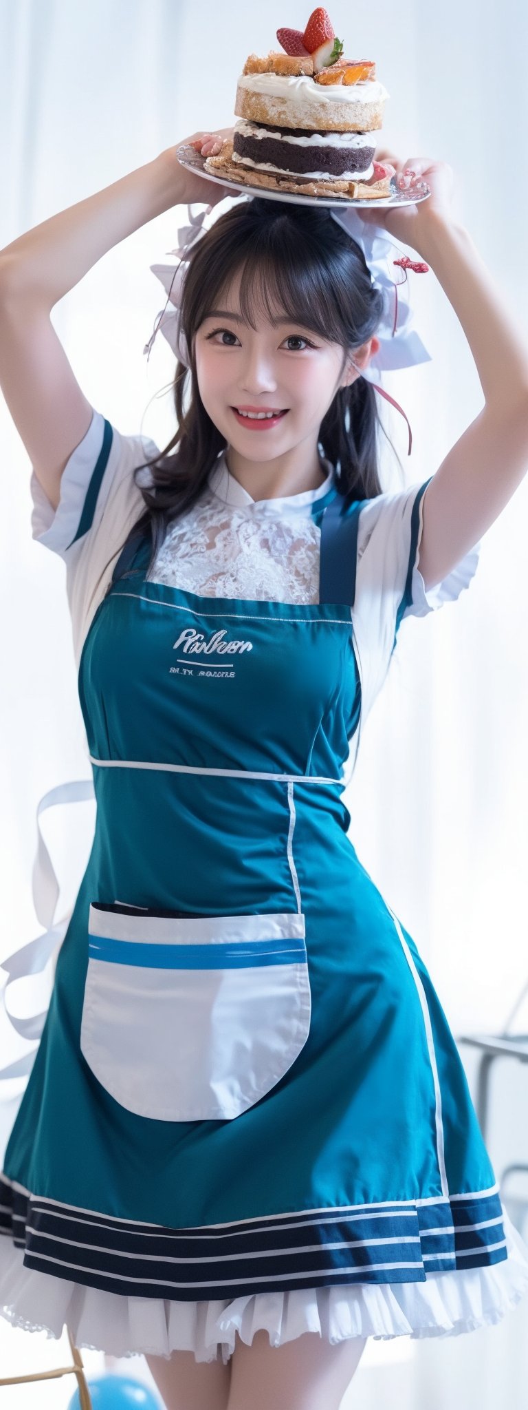 1 girl, solo, long hair, looking at viewer, simple background, blushing, smiling, mouth open, bangs, blue eyes, blonde hair, dress, ribbon, bow, holding, pigtails, blue eyes, hair ribbon, short sleeves, :d, hair ribbon, frills, food, puffy sleeves, apron, arms up, puffy short sleeves, fruit, blue dress, animals, blue ribbon, frilly dress, white apron, plate, cake, frilly apron, mini girl, rabbit, strawberry, giant fork, ,Korean