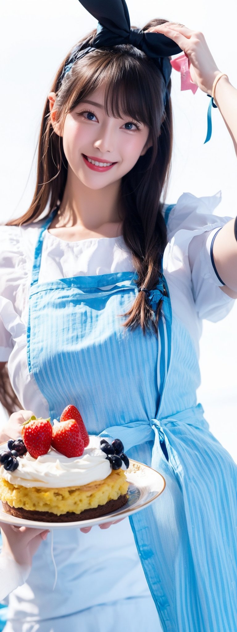 1 girl, solo, long hair, looking at viewer, simple background, blushing, smiling, mouth open, bangs, blue eyes, blonde hair, dress, ribbon, bow, holding, pigtails, blue eyes, hair ribbon, short sleeves, :d, hair ribbon, frills, food, puffy sleeves, apron, arms up, puffy short sleeves, fruit, blue dress, animals, blue ribbon, frilly dress, white apron, plate, cake, frilly apron, mini girl, rabbit, strawberry, giant fork, ,Korean