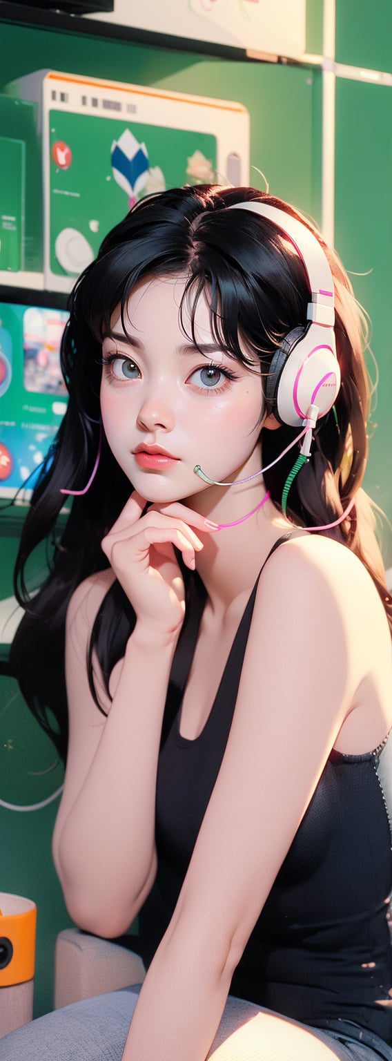 A beautiful Chinese girl wearing a green shirt, wearing pinky gaming headphones, playing computer games, one shoulder, sitting on an office chair, holding her cheek with one hand, black super long hair, clear hair, tired expression, Look at the lens lazily, super wide angle, backlighting, light and dark effects, realistic style,