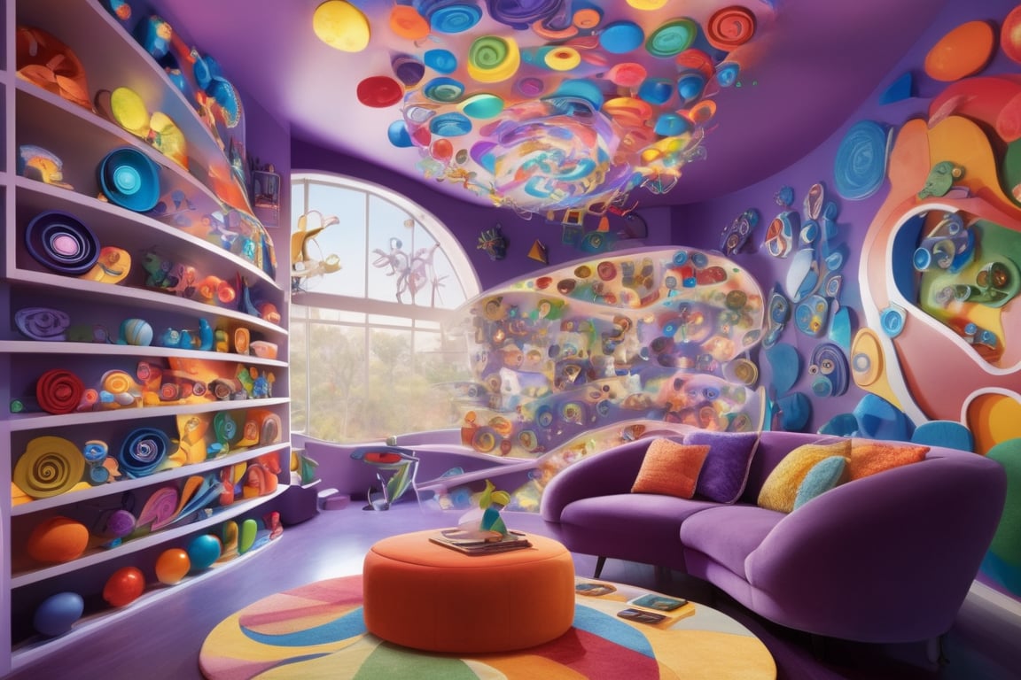 A surreal living room Headquarters setting: Emotions and Inside Out signs hover above a swirling vortex of memories and thoughts. Marbles in uniform harmony adorn shelves amidst whimsical chaos, blending Pixar's 3D and 2D worlds with vibrant hues and playful textures. A kaleidoscope of colors envelops the space, refracting light and energy.