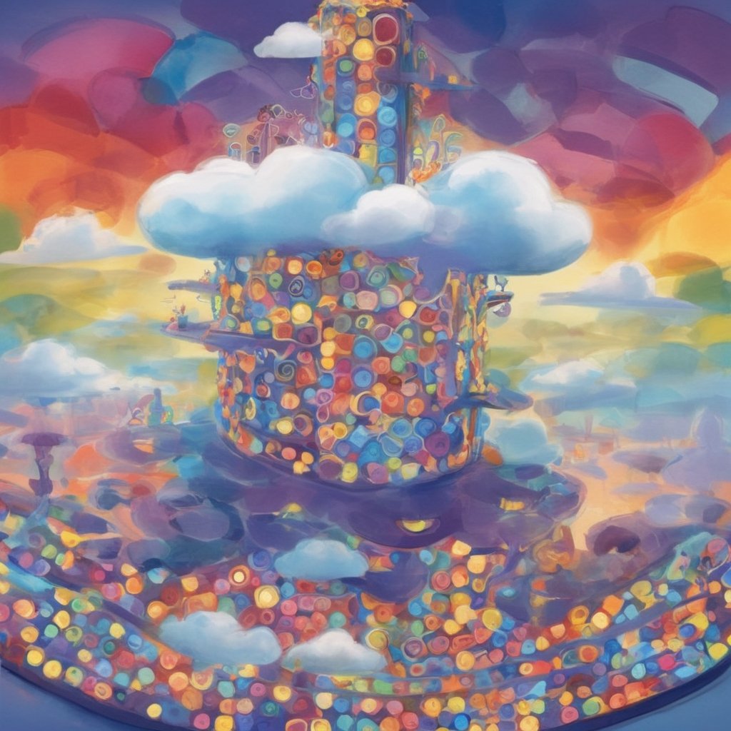 In this whimsical illustration, clouds of imagination. Below, Sadness, The cityscape background features memories and thoughts, with Emotions and Inside Out emblazoned on the Headquarters sign, amidst a kaleidoscope of colors,Headquarters