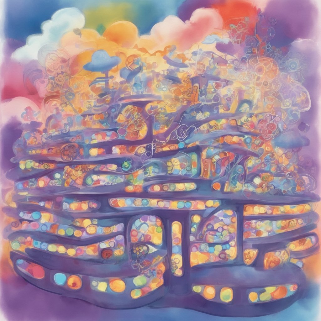 In this whimsical illustration, clouds of imagination.  The cityscape background features memories and thoughts, with Emotions and Inside Out emblazoned on the Headquarters sign, amidst a kaleidoscope of colors,Headquarters