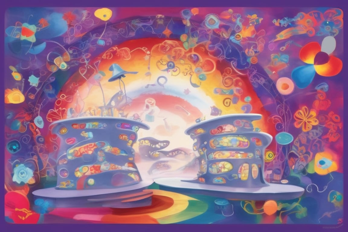 In this whimsical illustration, imagination.  background features memories and thoughts, with Emotions and Inside Out emblazoned on the Headquarters sign, amidst a kaleidoscope of colors,Headquarters