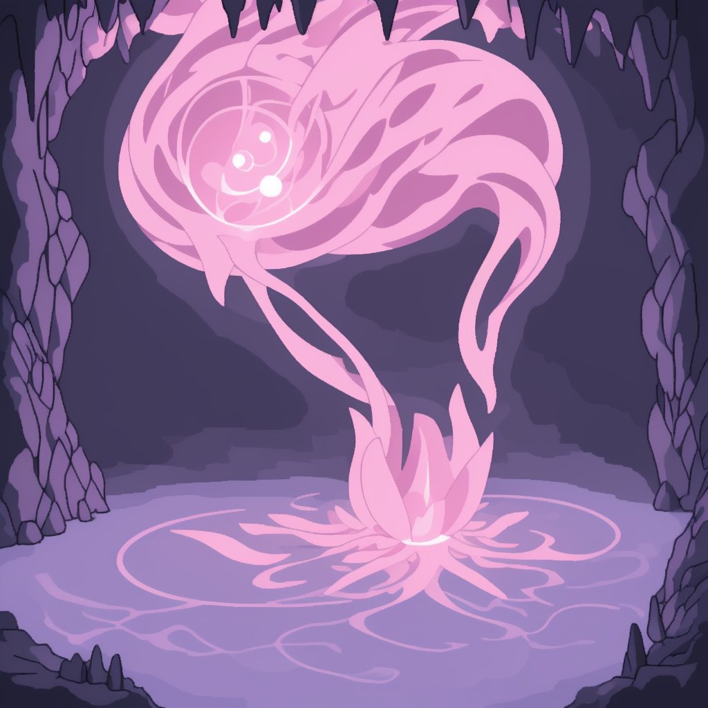 Capture a mystical atmosphere within the confines of a pink cave. Soft, rosy hues envelop the space as gentle, luminescent orbs suspended from above cast an ethereal glow. The air is thick with an otherworldly energy as a lone figure, shrouded in misty veil, stands at the entrance, their silhouette a stark contrast to the vibrant surroundings,mysterious pink cave