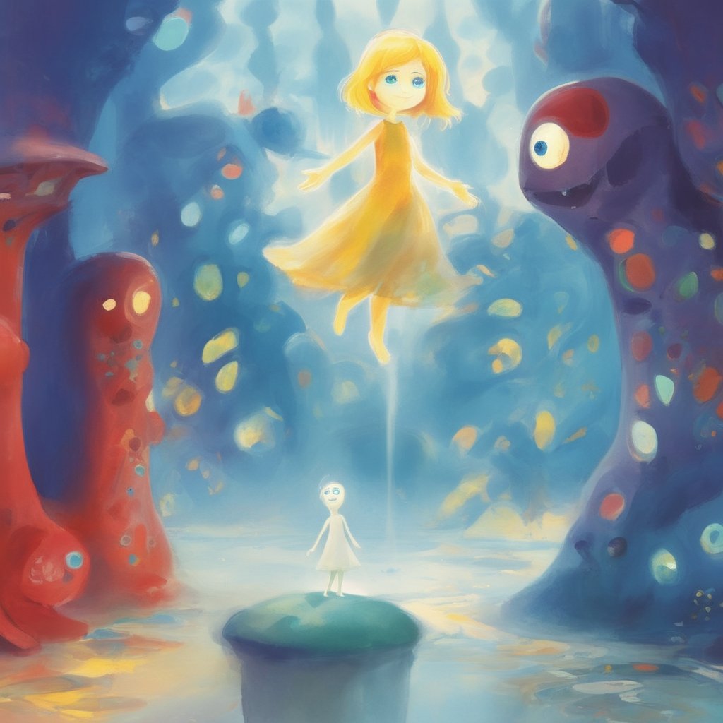 In this whimsical illustration, the vibrant characters of Joy and Sadness embody contrasting emotions within a young girl's mind. Joy, a radiant yellow figure with an optimistic aura, hovers near the center amidst swirling clouds of imagination. Below, Sadness, a gentle blue tear-drop entity, is bathed in soft blue light. Fear, a wispy white creature with sharp teeth, lurks in the shadows, while Anger and Disgust are bold red and green figures at the periphery. The cityscape background features memories and thoughts, with Emotions and Inside Out emblazoned on the Headquarters sign, amidst a kaleidoscope of colors,Headquarters