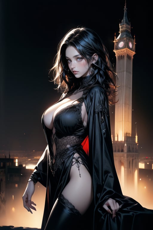 1girl, A beautiful adventuress , black hair, home cut, gothic clothes standing on to of the tower overlooking a big city. Luis Royo, Grzegorz Rosiński, detailed background, dark fantasy, comic illustration, masterpiece, realistic