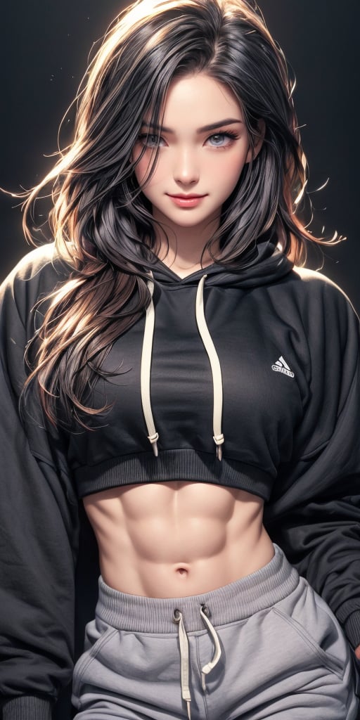 4k,best quality,masterpiece,20yo 1girl,(cropped sweatshirt),(demin pant), alluring smile, open hoodie,

(Beautiful and detailed eyes),
Detailed face, detailed eyes, double eyelids ,thin face, real hands, muscular fit body, semi visible abs, ((long straight hair with long purple strands:1.2)), black hair, black background,


real person, color splash style photo,
