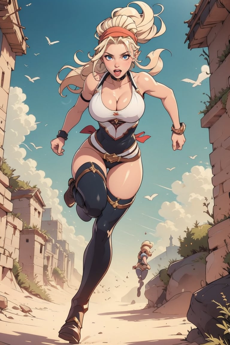 Masterpiece, Best Quality, perfect breasts, perfect face, perfect composition, UHD, 4k, human woman, beutiful with blonde hair and large breasts,(Shocked and scared facial expression) busty woman, great legs with thigh high boots,  shoulder-length hair small armored headband,  (She's running away from 5 tiny flying cocks) (zoomed out full scene in fantasy setting),Details++