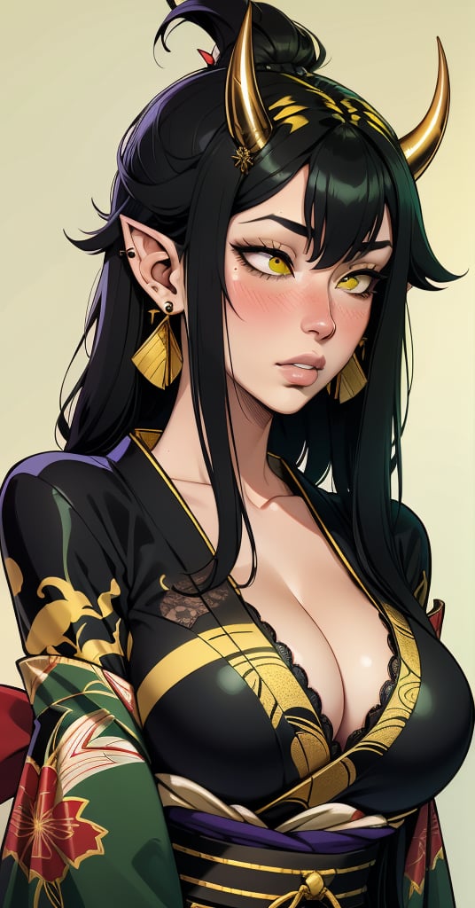 1girl, mature female, large boobs, exposed cleavage , deep cleavage, long hair, black hair, yellow eyes, oni horns, black kimono, lace trim, gold trim, blush, pointy ears, earrings, parted lips, empty eyes, spider hair ornament, simple background,green theme,sciamano240,breasts