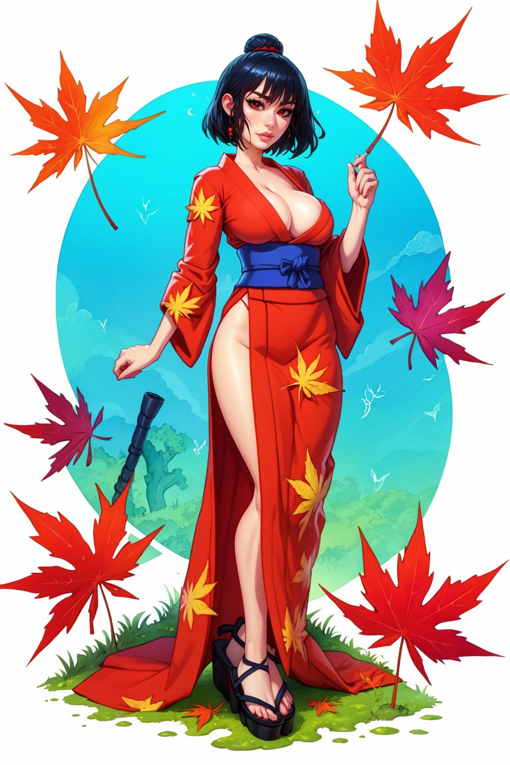 girl, kimono, momiji, maple_leaves, japanese maple tree, minimalism, ink, watercolor,full body,standing,big breasts,cleavage,