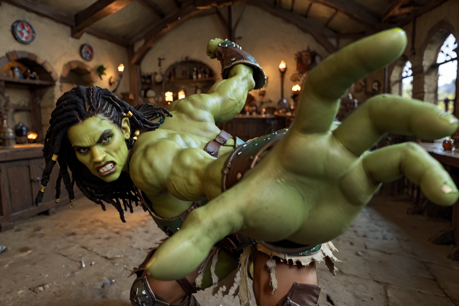 4K anime style, digital drawing mode, fantasy green skinned female orc barbarian, black hair in dreadlocks, wild green eyes, wearing primitive barbarian armor adorned with skulls and golden trubal symbols, winding back to punch the viewer, background of a fantasy tavern, green skin tone, full_body, dynamic pose, mid-punch, life size, perfect anatomy, detailed clothing and skin texture, full HD, 4K, HDR, depth of field, action shot, raised hand, IncrsPunchMeme,incoming punch, viewed_from_side , realistic, rage, angry,rage2,Expressiveh,concept art, 