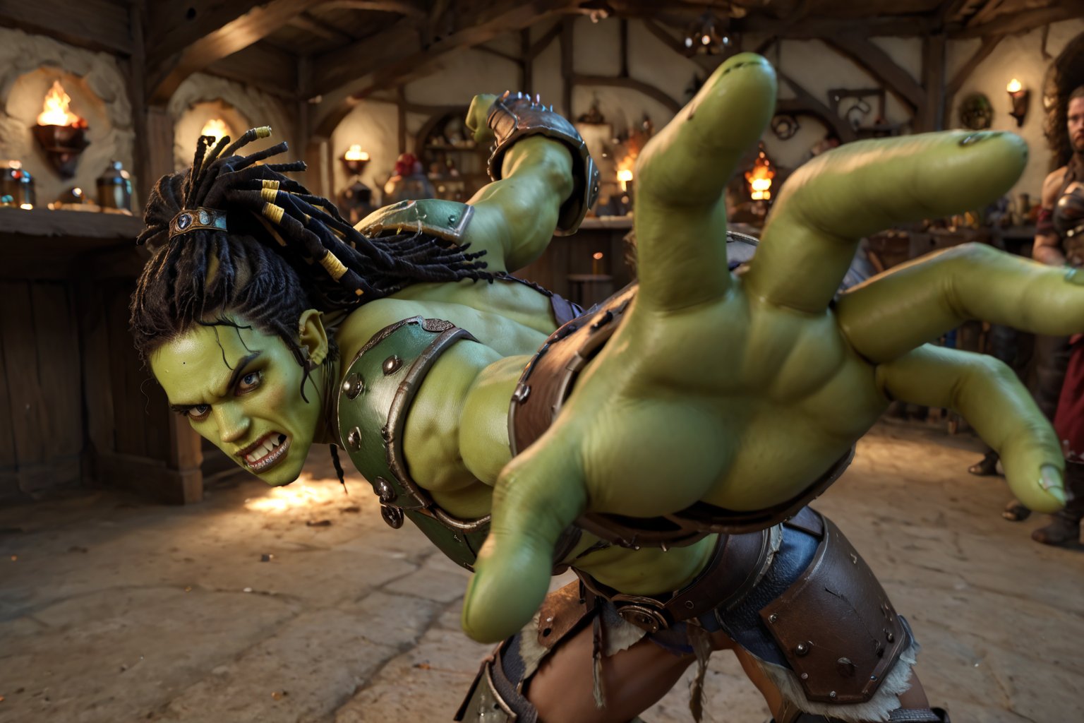 4K anime style, digital drawing mode, fantasy green skinned female orc barbarian, black hair in dreadlocks, wild green eyes, wearing primitive barbarian armor adorned with skulls and golden trubal symbols, winding back to punch the viewer, background of a fantasy tavern, green skin tone, full_body, dynamic pose, mid-punch, life size, perfect anatomy, detailed clothing and skin texture, full HD, 4K, HDR, depth of field, action shot, raised hand, IncrsPunchMeme,incoming punch, viewed_from_side , realistic, rage, angry,rage2,Expressiveh,concept art, 