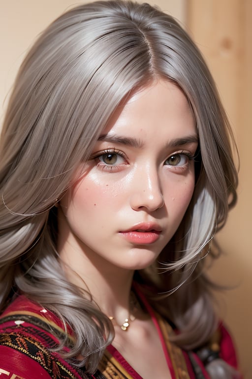 1girl, solo, upper body, grey hair, lips, traditional media, realistic