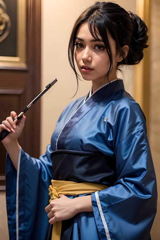 Solo, black hair, 1girl, blue clothes, female focus, blue Hanfu, cupped hands, holding a cane