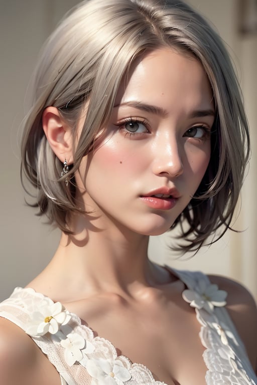 1girl, solo, upper body, grey hair, lips, traditional media, realistic