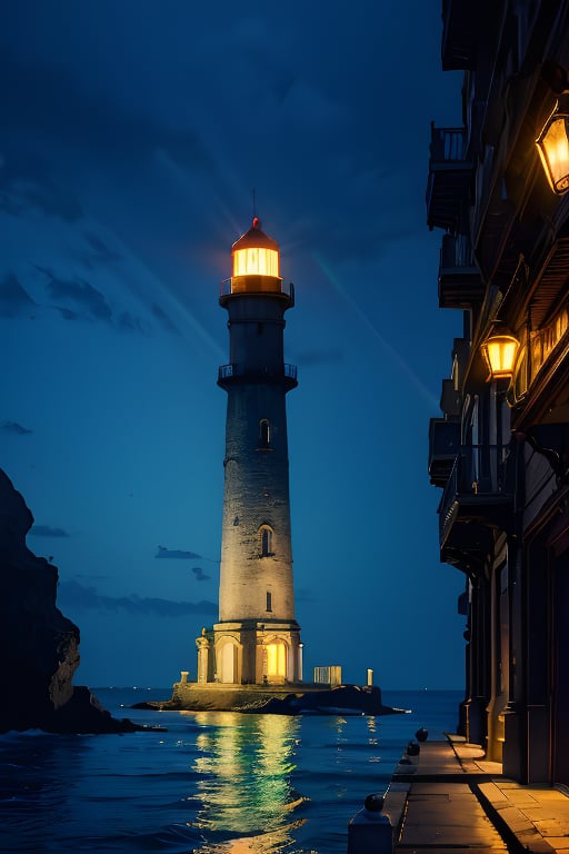 The splendid city landscape is decorated with various rare minerals and the lighthouse emits neon light.