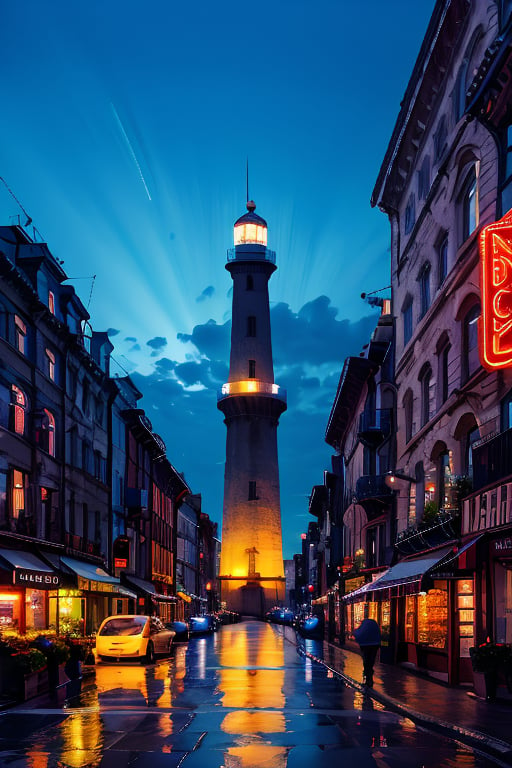 The splendid city landscape is decorated with various rare minerals and the lighthouse emits neon light.