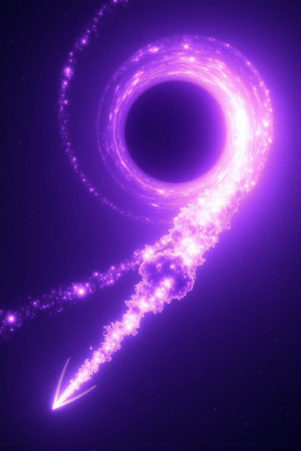 A masterpiece of meticulous detail! In the boundless universe, there is a huge purple black hole, and a huge and amazing comet drags a meteor tail and sprints away from the black hole. The comet shines with otherworldly light. The mysterious purple black hole vortex seems to be attracting the comet. Set against a deep cosmic backdrop, this lone comet embodies a mystical fusion of power and mystery.