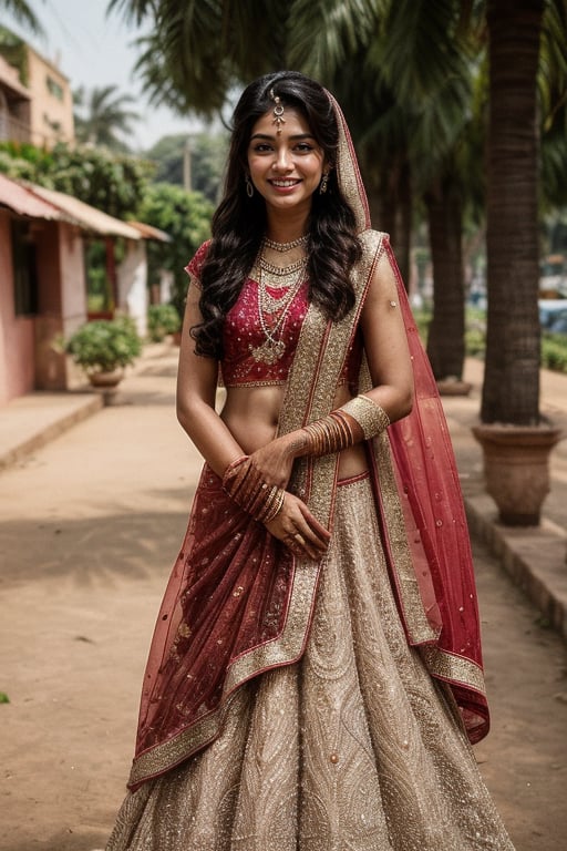  a vibrant and sunny day in a city in Tamil Nadu. A 19-year-old girl named Meera at the wedding . Her long, dark hair is adorned , and she has a gentle smile on her face, exuding confidence and grace. full body, Indian,