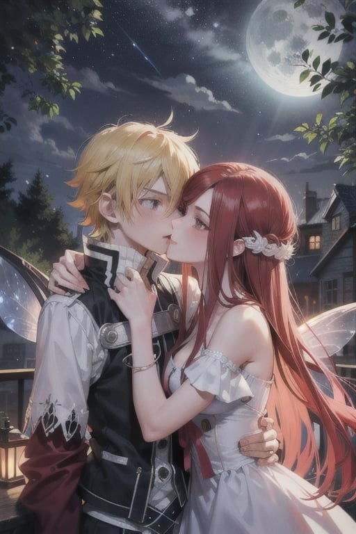 1 boy, ignia from Fairy Tail, dark red hair,1girl, erza from fairy tail, dark red hair, kissing, moonlight background at night,properkissing,fairy tail