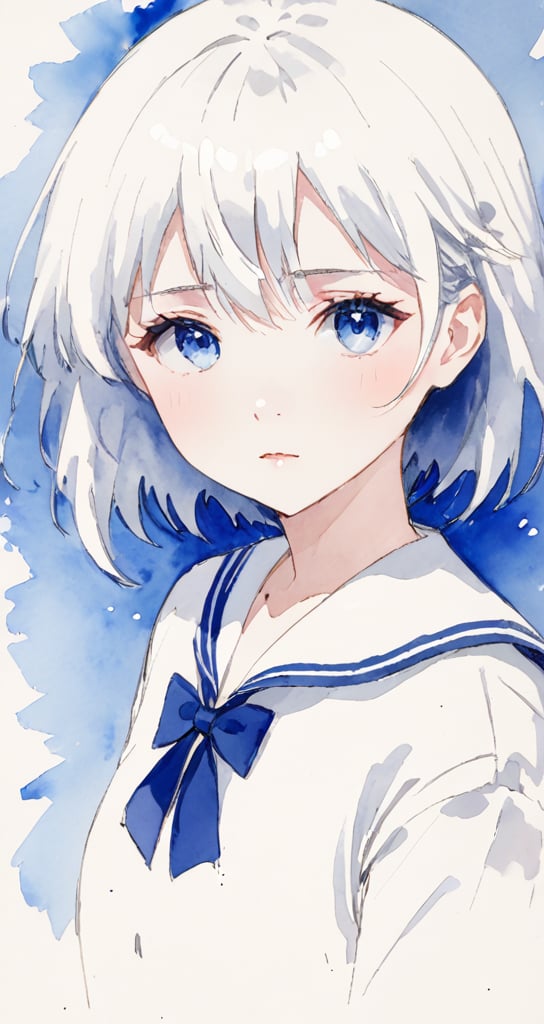 masterpiece, best quality, sailor shirt, seifuku, (hime_cut:1.4), ,Blue eyes, rosy cheeks, white skin, white top, detailed pupils, girl, white hair, melancholy expression, Monochrome, Sketch, Unfinished, Watercolor pencil,Expressiveh,eyetexture,blueiris,score_9,momo deviluke