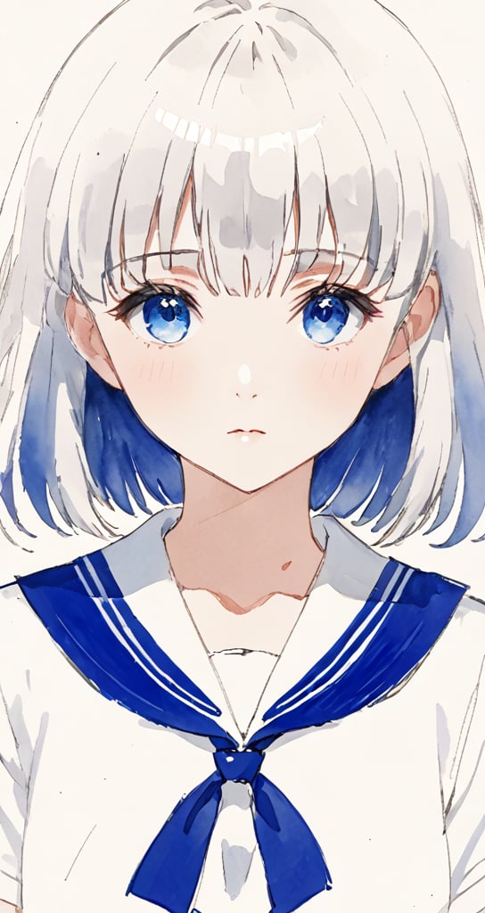 masterpiece, best quality, sailor shirt, seifuku, (blunt bangs:1.4), long hair ,Blue eyes, rosy cheeks, white skin, white top, detailed pupils, girl, white hair, melancholy expression, Monochrome, Sketch, Unfinished, Watercolor pencil,Expressiveh,eyetexture,blueiris,score_9,momo deviluke