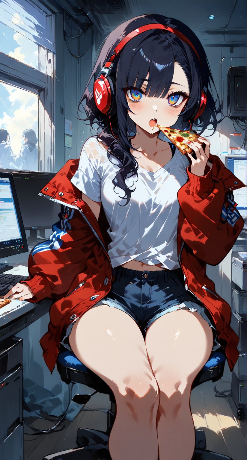 (computer room:1.4),masterpiece, best quality, girl, bishoujo, hair over shoulder, black hair, asymmetrical hair, gradient eyes, bags under eyes, beautiful detailed eyes, looking at viewer, visible through hair, open mouth, (Loose clothes:1.4), (jacket), shorts, white short sleeves, (eating pizza:1.0), wearing headphones, (cross-legged:1.0), bedroom,more detail XL,Expressiveh,concept art