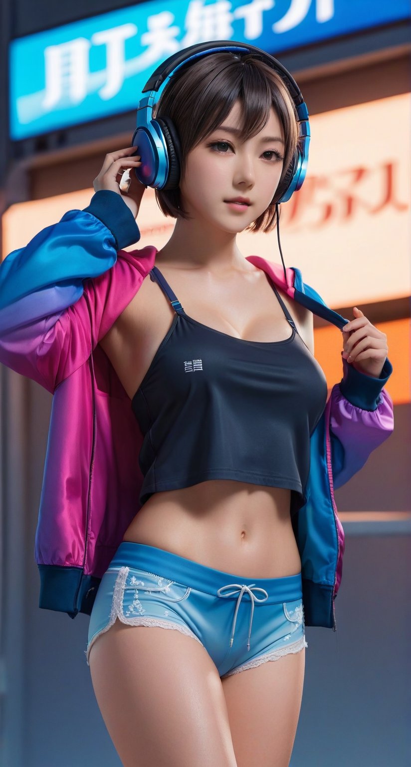 masterpiece, best quality, hoodie , short shorts,  bikini under clothes, short hair, girl, album, Japanese, gradient_background, masterpiece,best quality,official art,extremely detailed CG unity 8k wallpaper, shirt lift, hands in hair, v, headphones around neck, bra lift,(female_solo:1.4),