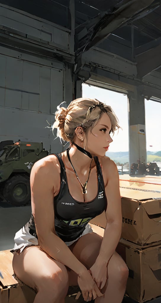 masterpiece, best quality, high definition, mature female, european, athlete, large breasts, from side, looking afar, blurry background, bored, bags under eyes, (((wrestler tank top))), ((Modern Military Uniform)), Fisheye Lens, Short Exposure, 
(hangar:1.3), sitting on a wooden box, sweating profusely,(Towel hanging around neck:1.2),beautiful eyes,

Expressiveh,dal,Military anime girl