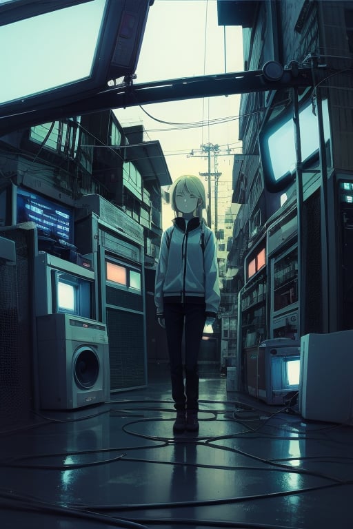 Depressive Machines, 1girl, green lighting, televisions everywhere, cables everywhere, naruko_jutsu_sexy, blonde hair