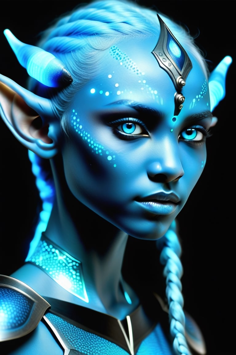 blue humanoid avatar with bioluminescent avatar markings dots and patterns on their skin. Pointed elf ears. avatar like hair, hair colour black, sparkling glowing blue eyes, slightly shimmery iridescent blue skin. female, warrior like, magical and mystical, detailed and realistic. Only blue skin tone. Only blue coloured skin. Skin colour all blue.,better photography, studio light, full body