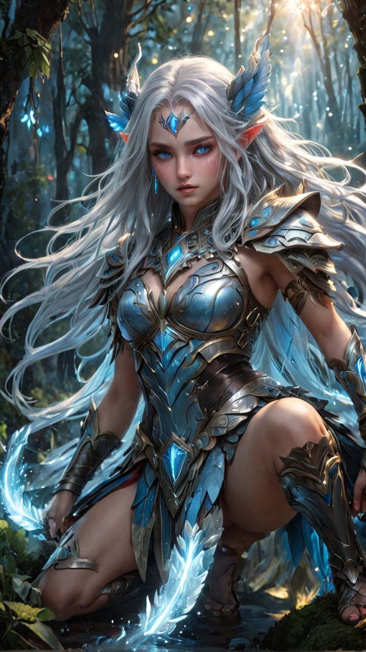 (art by Antonio J Manzanedo:1.5). highly detailed and realistic fantasy character. squatting. furious look. elven warrior with long flowing silver hair, piercing blue eyes, elegant pointed ears. wearing intricate ancient armor adorned with mystical runes and glowing gems. elaborate blue feather decoration. giant feathers. background mystical forest with ethereal light filtering through the trees. The mood is heroic and ethereal, capturing the essence of a legendary guardian from a forgotten realm.
deep depth of field, hyperdetailed photography, masterpiece, best quality, high quality, highres, ultra-detailed, best quality, 8K, high resolution, extreme detail