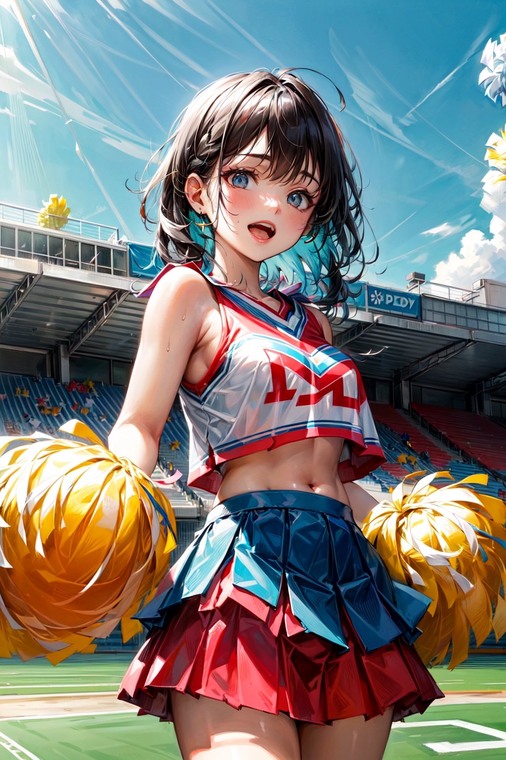 Maximalism, masterpiece, top quality, 8k, high resolution, super detailed, absurd, vivid contrast, insanely detailed,
BREAK
1girl, (seducing face, brightly colored shining eyes, clear skin, smile, shiny hair: 1.2),
BREAK
(sexy cheerleader:1.4),
BREAK
baseball stadium,girl,watercolor