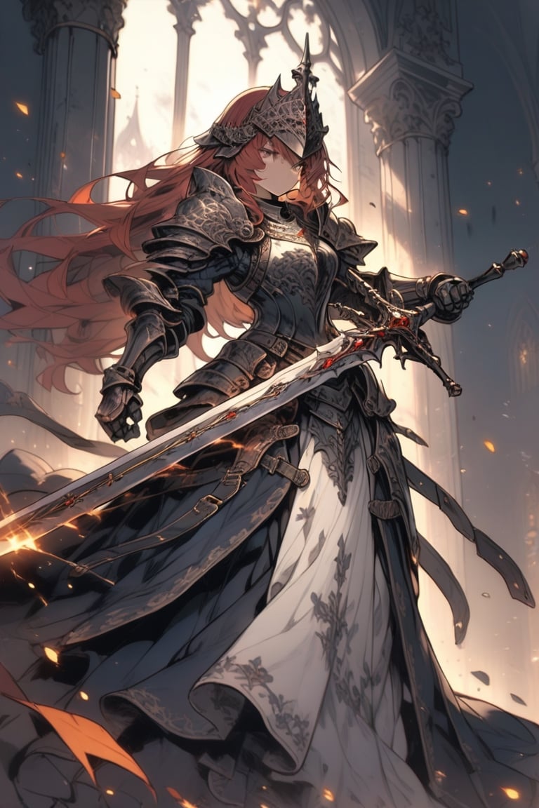 masterpiece, best quality, aesthetic, woman, teen, knight, red_hair, amber_eyes, sword,royal knight,glowing sword