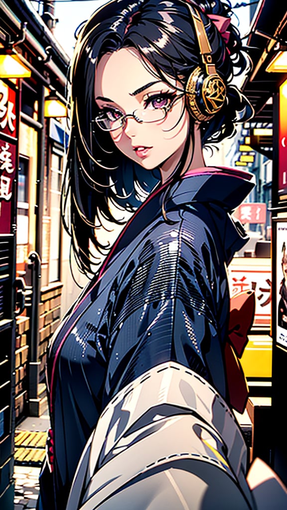 (1girl:1.3), Masterpiece, Best quality, amazing beauty, [[3D]], 4K, absurdres, finely detail, super detailed eye, perfect anatomy, official art, cinematic lighting, BREAK, Japanese-style room, silky super long hair, forehead, black hair, super shiny detailed black eye, big eyes, sparkle(in the eyes), thin eyebrow, Gazing into the Distance, close-mouth, plump lips, Mascara, False eyelashes, pink lips, eyewear, happy face, BREAK , usually, tall, slender, fair skin, full body, from side, BREAK , ornate hairpin, BREAK,(kimono:1.3) ,headphones 