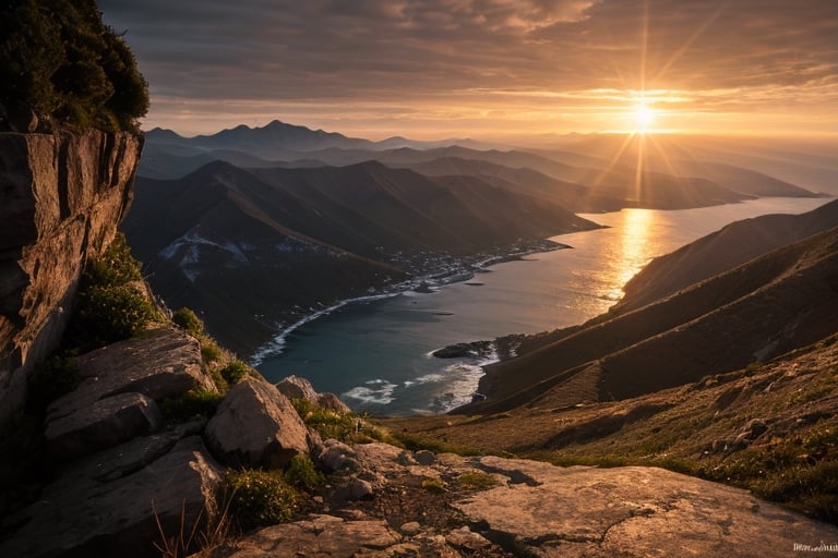 professional, cinematic, highly detailed photo, cinematic lighting, volumetric light, hyper-detailed photorealism of a mountain wall with the sea below, reflecting the sunset, very high level of detail, sharp, sharp focus.