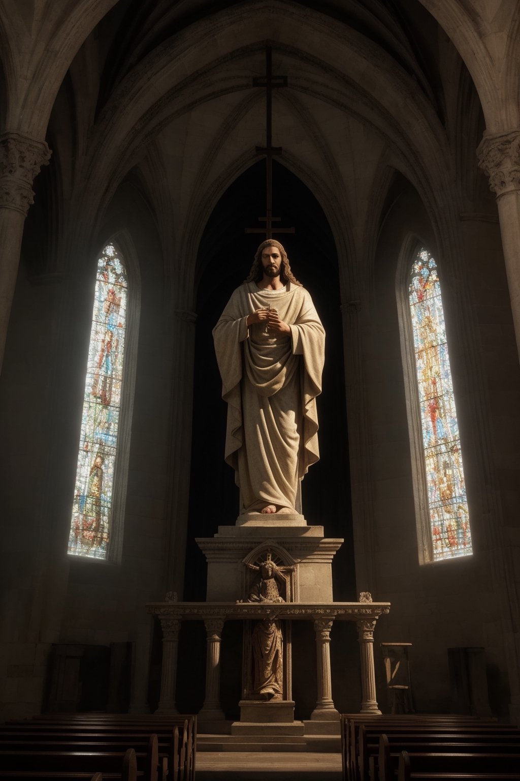 professional, cinematic, highly detailed photo, realistic skin texture, cinematic lighting, volumetric light, hyper-detailed photorealistic photo of a cathedral, Jesus, cross, very high level of detail, with soft natural lighting, sharp focus.