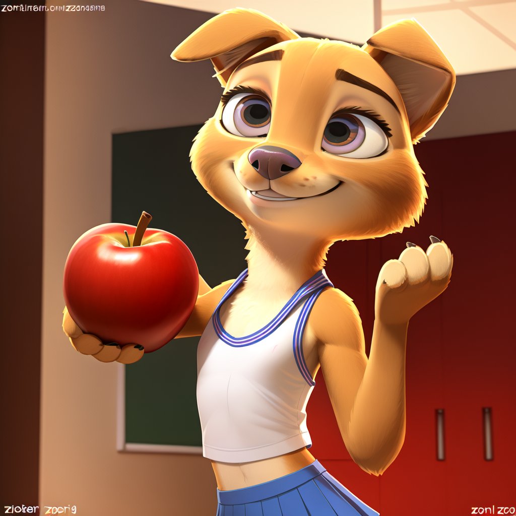 score_9, score_8_up, score_7_up,
((Very  petite innocent flat chest athletic skinny, golden retriever endopomorphic girl, zootopia Style,))
Dressed in school uniform holding Red Apple looking up at your smiling mischievously apple has a bite taken out of it,