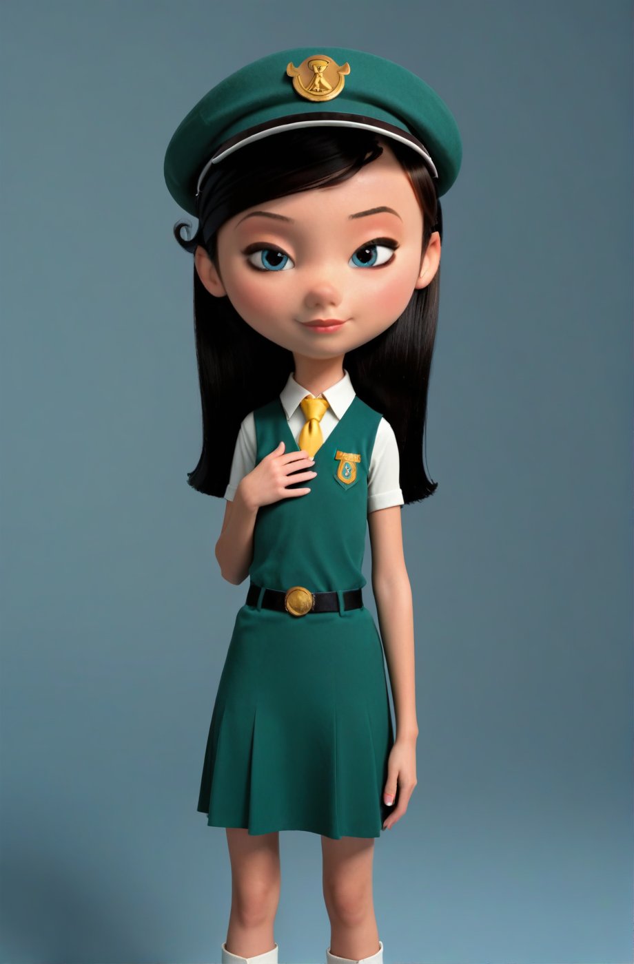 Highly realistic 8K. 
, A charming scene of a little girl scout troop comprised of young, innocent , with the focal point being a very small, young, and flat-chested . She is dressed in an adorable, well-tailored little girl scout uniform that fits her  frame perfectly. The uniform includes a green vest with various badges proudly displayed, a cute little skirt, and a matching green cap with a yellow tie. vibrant golden hue, and she has expressive blue eyes
penny peterson, long hair, dark black hair 3d 