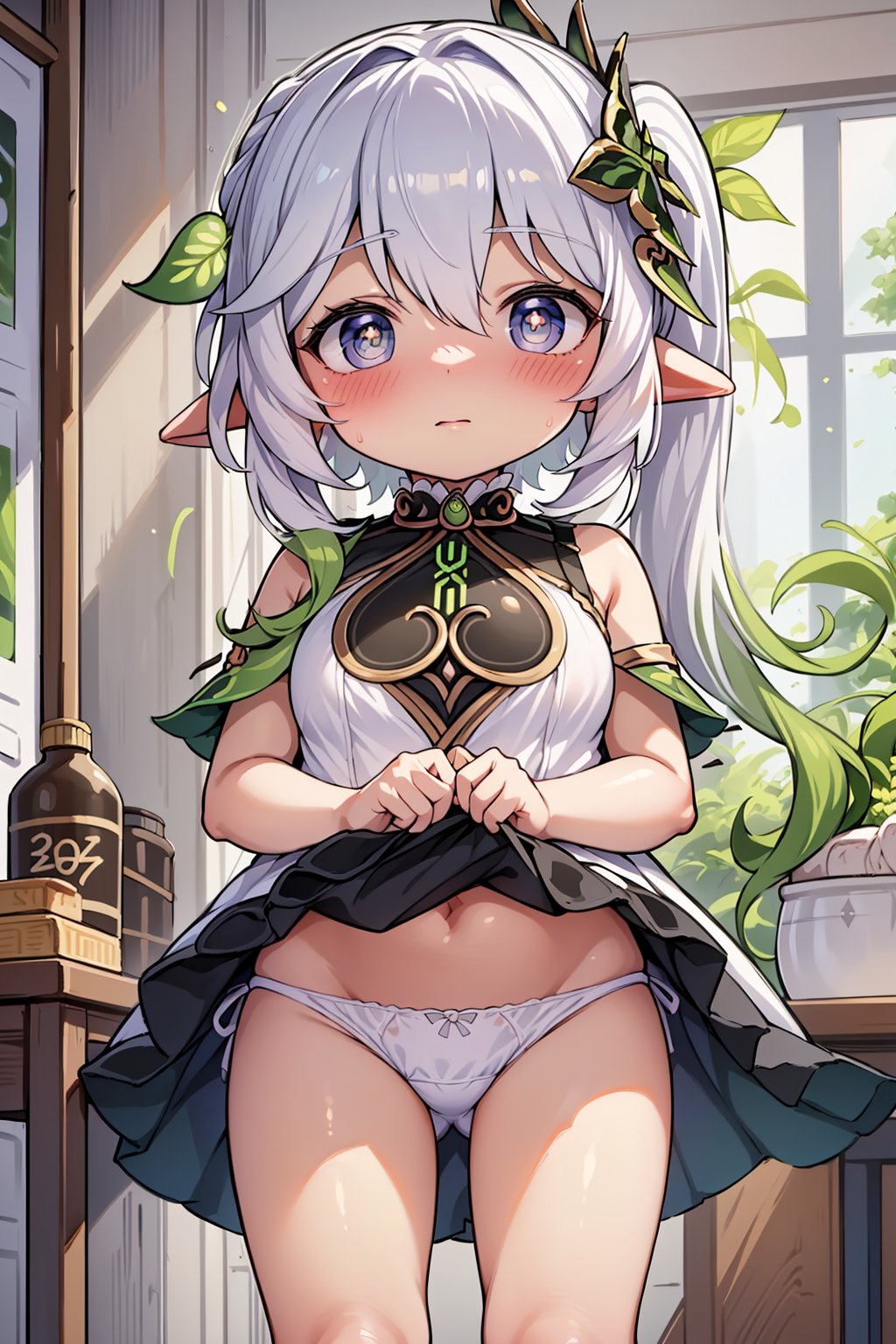 Highly detailed, high quality, masterpiece, beautiful and perfect hands, distant shot, 1 girl, white hair/beautiful eyes, 30 years old without looking, tight black socks, in a room, sexy panties, (Loli girl) (nahida) (genshin impact) (+18)  ((big breasts))