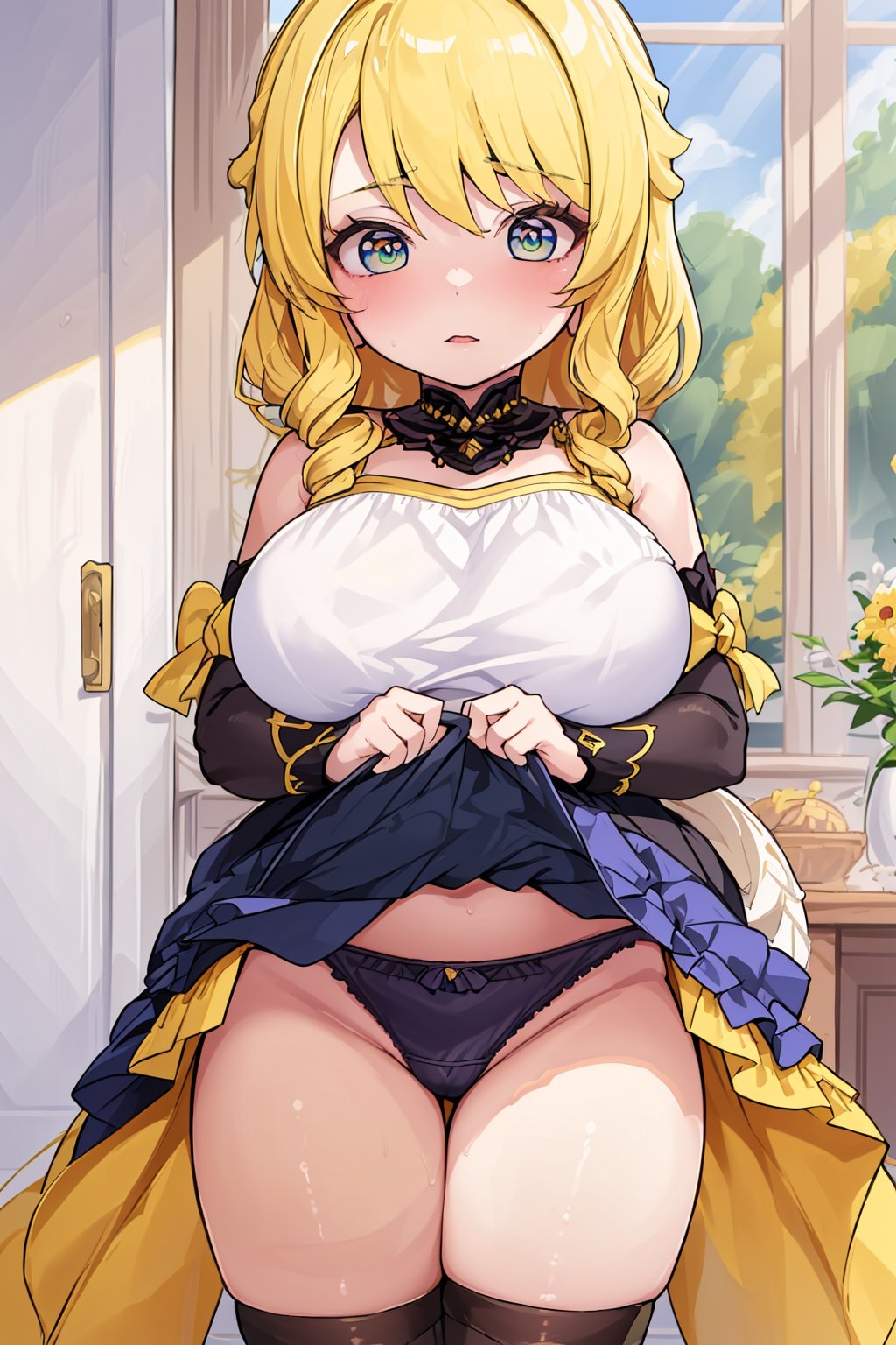 Highly detailed, high quality, masterpiece, beautiful and perfect hands, distant shot, 1 girl, yellow  hair/beautiful eyes, 30 years old without looking, tight black socks, in a room, sexy panties, (Loli girl) (kuki) (genshin impact) (+18)  ((big breasts))