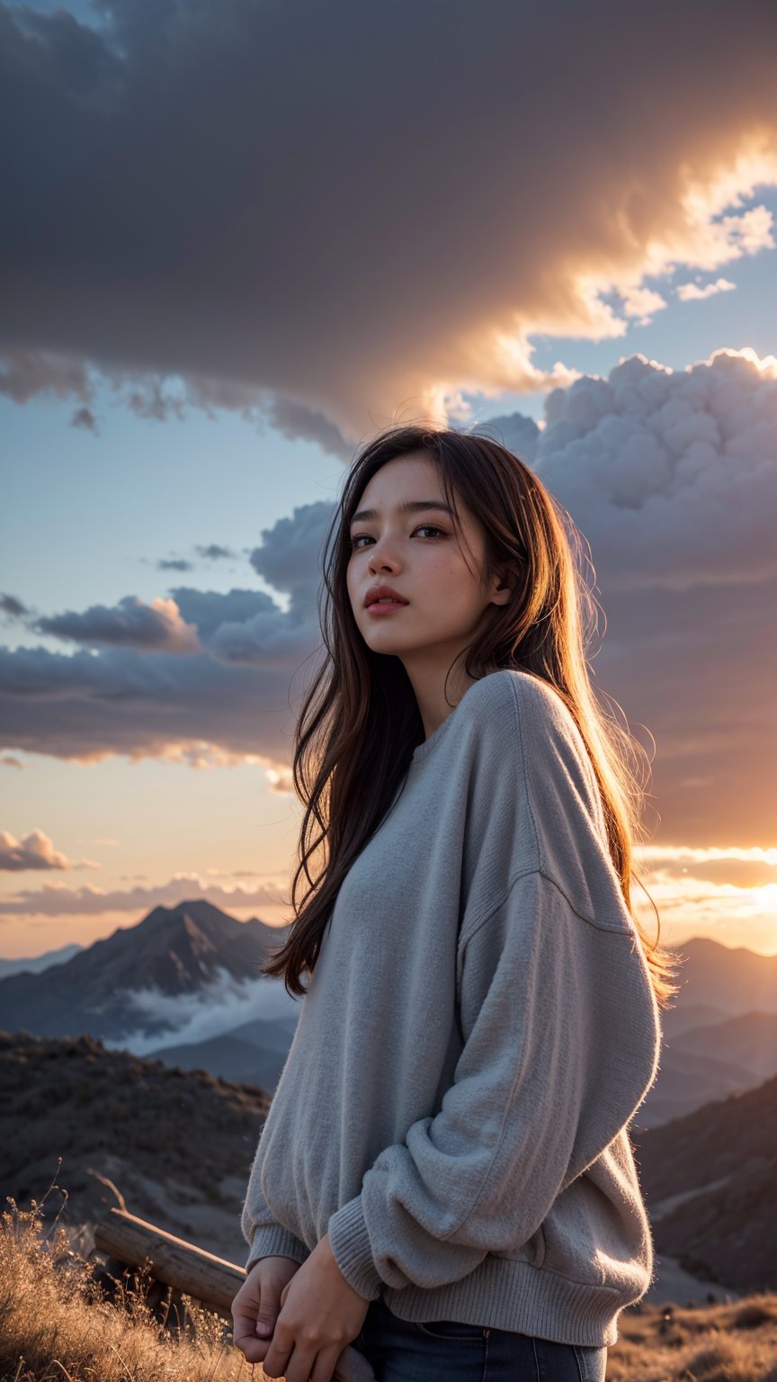 Extreme close-up, mountain background, girl, beautiful, cloudy_sky, burning_cloud, gradient_sky, dusk, embers, sunset, high detail, digital art style, soft diffused lighting, dutch angle, Baggy clothes, blue magic aura in your perfect hands, Arms forward, Looking at the viewer