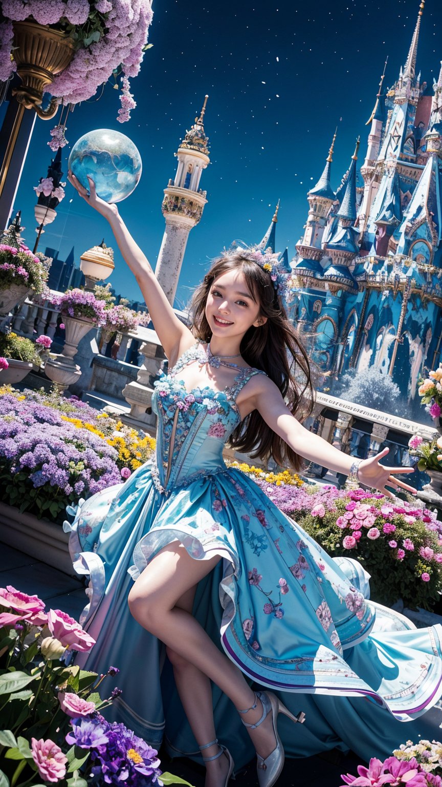 A whimsical Wonderland-inspired landscape unfolds, with a curious girl standing amidst vibrant flowers, bouquet in hand. Framed by an otherworldly cityscape, glowing blue lights illuminate towering structures. The girl's bright smile and outstretched arms welcome extraterrestrial visitors to her 'little patch of wonder' as she proudly displays her floral arrangement.