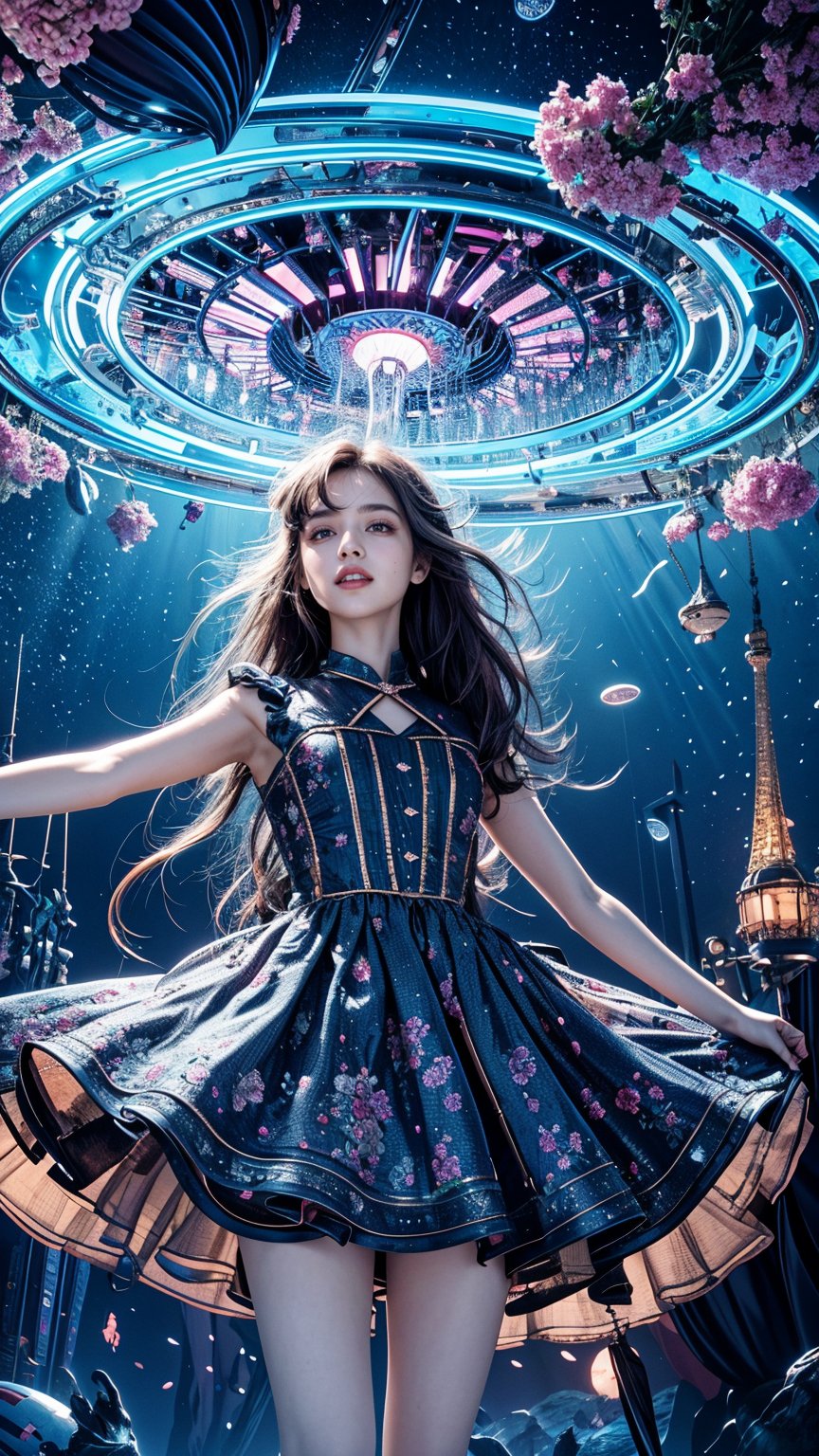 A curious girl with a bouquet of vibrant flowers stands amidst a fantastical landscape inspired by Wonderland's whimsy. In the background, a glowing alien cityscape stretches towards the sky, illuminated by an ethereal blue light. The girl's bright smile and outstretched arms seem to welcome the extraterrestrial visitors, as if showcasing her own little patch of wonder in this surreal science fiction world.