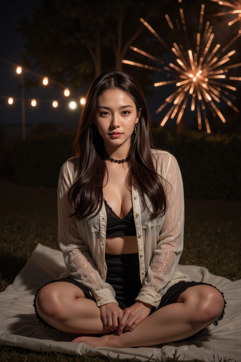 A stunning mature woman with shiny brown hair and sparkling brown eyes sits cross-legged on a vinyl sheet spread under a tree in a park at night. The tree's branches and leaves are illuminated by lanterns, casting a warm glow. She wears an open office shirt and tight skirt, with a black choker and earrings adding a touch of sophistication. Her very detailed face and eyes captivate the audience as she looks directly from below, her eyes shining like stars in the night sky. Fireworks explode above her, their vibrant colors reflected in her beautiful, very detailed eyes. The overall atmosphere is surreal, complex, and utterly captivating.