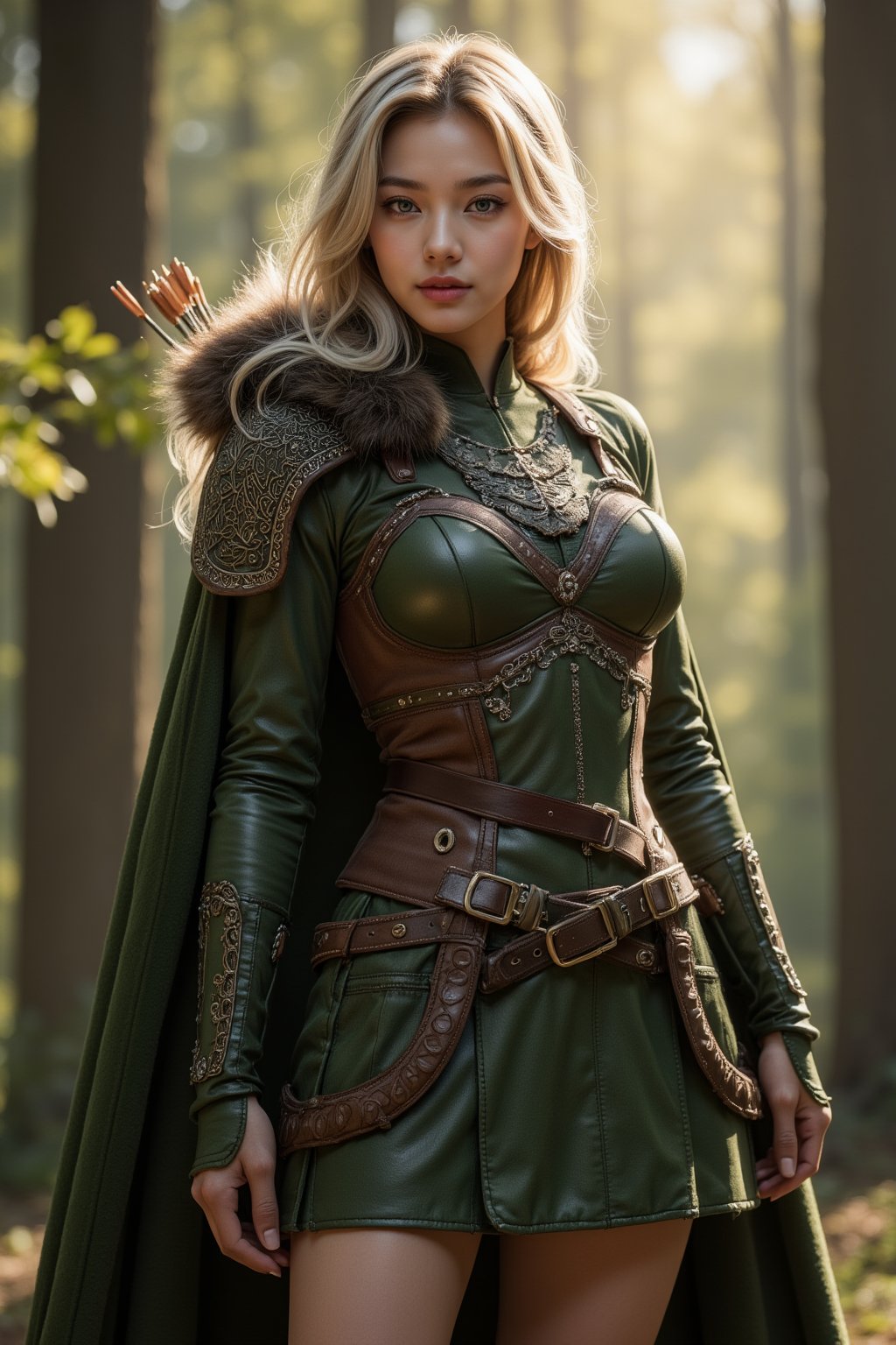 Majestic Viking elf warrior stands tall amidst a sun-dappled forest, her long blonde hair cascading down her back like a golden waterfall. Her deep blue eyes shine brightly as she wears a suit of green leather armor adorned with intricate details, complemented by a short green skirt and various belts at her waist. A fur cape flows behind her like a river of emerald silk. At her side, an arrow holster rests against the gentle slope of her medium chest. Her slender figure is illuminated by natural light, captured in stunning photorealistic detail using a professional DSLR camera.