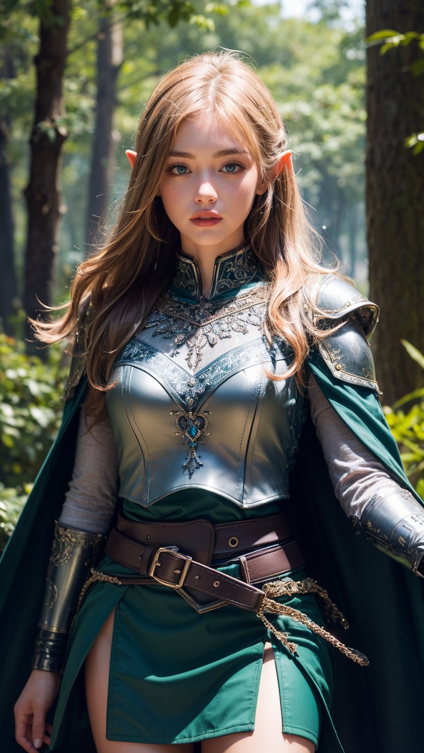 Photorealistic image ((Masterpiece)), ((high quality)) UHD 8K, of a beautiful girl, Viking elf warrior, slim, tall, (Long elf ears), (medium chest), (thin waist), (Hair long blonde), (deep blue eyes), ((green Leather armor with short green skirt and intricate details, Various belts at waist)), (Arrow holster at waist), ((fur cape)), (on the forest), Natural lighting, professional DSLR camera